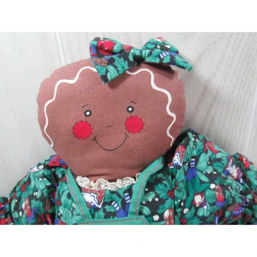 Gingerbread girl‎ plush rag doll green print holly berry dress probably handmade
